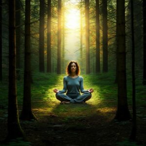 Persoon mediteert in een bos, omringd door zonlicht.