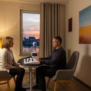 Een persoon in een comfortabele setting, begeleid door een hypnotherapeut in Utrecht, gericht op persoonlijke groei en herstel.