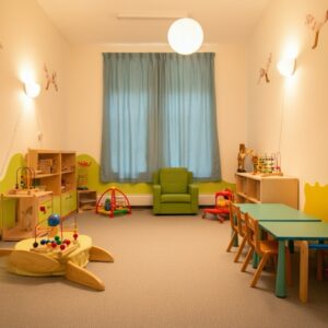 Een helder verlichte speelkamer met speelgoed, meubels en een groene fauteuil, ontworpen voor kindvriendelijke EMDR therapie in Capelle aan den IJssel.