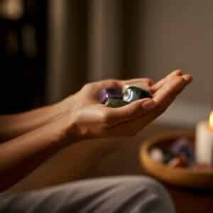 Close-up van de handen van een therapeut die helende kristallen vasthoudt tijdens een holistische therapiesessie in Heemstede.