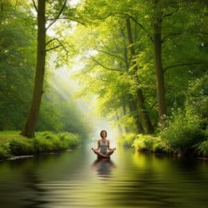 Een persoon mediteert in een serene natuurlijke omgeving in Heemstede, symbool voor balans en holistische therapie.