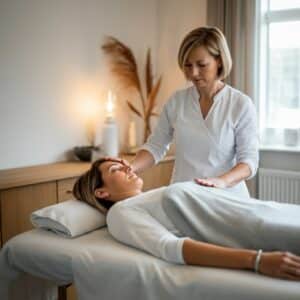 Een holistisch therapeut in Heemstede voert een reiki-sessie uit met handen boven een cliënt op een behandeltafel.