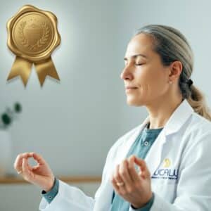 Therapeut begeleidt een cliënt tijdens een hypnotherapiesessie in een professionele, serene omgeving.