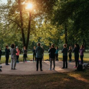 Een groep mensen in Utrecht die ademhalingsoefeningen doet in een rustige parksetting met zacht zonlicht en een gevoel van gemeenschap.