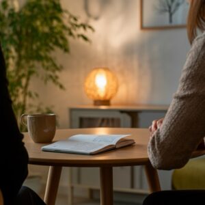 Een gezellige consultsetting in Hilversum met een therapeut en cliënt, gericht op EMDR therapie.