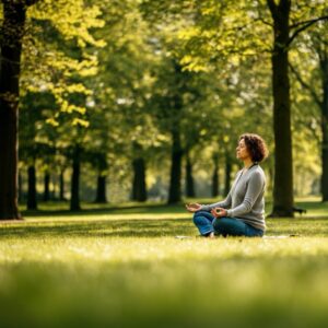 Een rustgevende buitenomgeving in Hilversum met iemand die mindfulness beoefent, passend bij EMDR therapie.