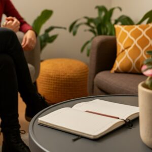 Een gezellige consultsetting in Almere met een therapeut en cliënt, gericht op EMDR therapie.