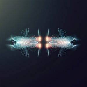  Illustratie van bilaterale stimulatie tijdens EMDR therapie, met gloeiende teal en oranje elementen op een donkere achtergrond. 