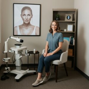 Een glimlachende vrouwelijke EMDR-therapeut in een moderne praktijkruimte, die expertise en comfort uitstraalt.