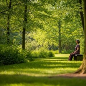 Een rustgevende buitenomgeving in Driebergen-Rijsenburg met iemand die mindfulness beoefent, passend bij EMDR therapie.