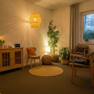 Een serene therapieruimte in Driebergen-Rijsenburg met zachte verlichting en natuurlijke elementen, ideaal voor EMDR therapie.