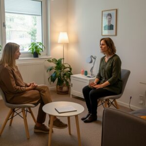 Een gezellige consultsetting in Huizen met een therapeut en cliënt, gericht op EMDR therapie.