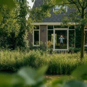 Een rustgevende buitenomgeving in Huizen met iemand die mindfulness beoefent, als onderdeel van EMDR therapie.