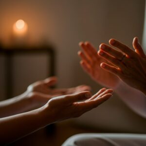Een close-up van handen tijdens een zachte EMDR-sessie in Laren, gericht op emotionele balans.