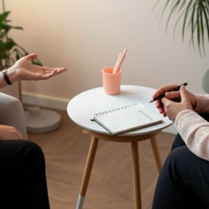 Een gezellige consultsetting in Laren met een therapeut en cliënt, gericht op EMDR therapie.