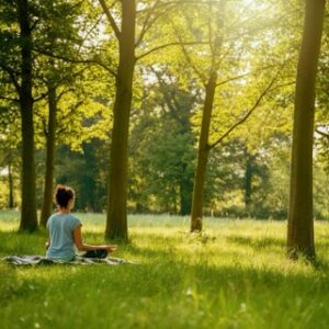 Een rustgevende buitenomgeving in Laren met iemand die mindfulness beoefent, passend bij EMDR therapie.