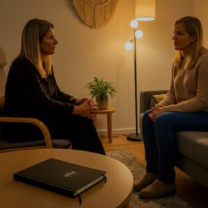 Een gezellige consultsetting in Noord-Holland met een therapeut en cliënt, gericht op EMDR therapie.