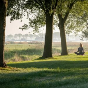 Een rustgevende buitenomgeving in Noord-Holland met iemand die mindfulness beoefent, passend bij EMDR therapie.