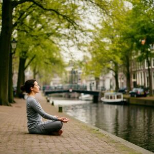 Een rustgevende buitenomgeving in Utrecht met iemand die mindfulness beoefent, passend bij EMDR therapie.