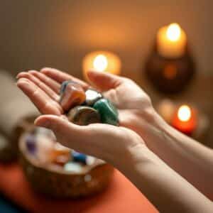 Close-up van de handen van een therapeut die helende kristallen vasthoudt tijdens een energetische therapiesessie in Amsterdam.