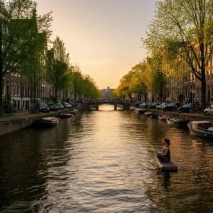 Een persoon mediteert aan een Amsterdamse gracht, symbool voor balans en energetische therapie.