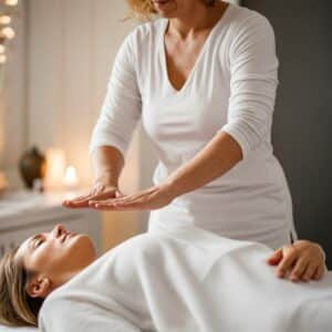 Een energetisch therapeut in Amsterdam voert een reiki-sessie uit met handen boven een cliënt op een behandeltafel.