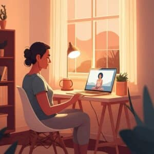 Digitale weergave van energiestromen tussen twee mensen, symbool voor verbinding en healing in online energetische therapie.