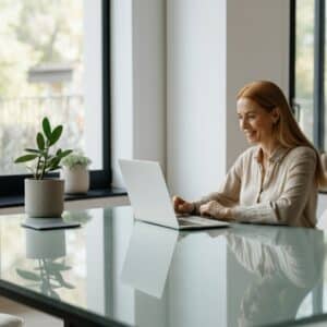 Professionele therapeut tijdens een videogesprek in een moderne thuiswerkplek, symbool voor online therapiesessies.