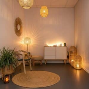 Een uitnodigende praktijkruimte in Utrecht met een therapeut en cliënt, gericht op energetische therapie en holistische coaching.