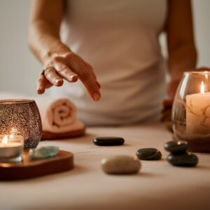 Een therapeut voert een energetische therapie uit in een kalme en ontspannende omgeving, gericht op het herstellen van energie en emotioneel welzijn.