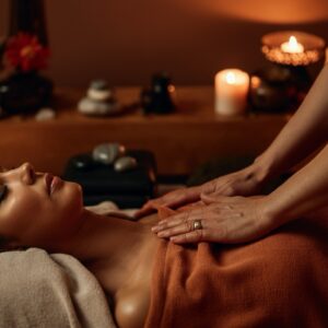 Een cliënt ontvangt een energetische therapie in een warme, serene omgeving, gericht op het bevorderen van innerlijke rust en energieherstel