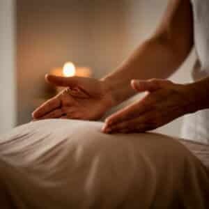 Een close-up van handen tijdens een energieheling sessie in Almere, met een kalme en professionele sfeer. 