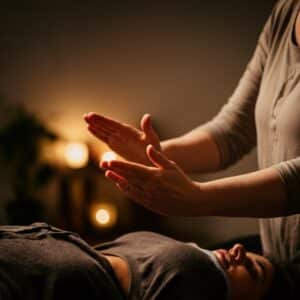 Een close-up van handen tijdens een energieheling sessie in Laren, met een kalme en professionele sfeer.