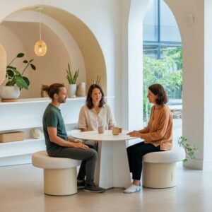 Een holistisch coach begeleidt een cliënt in een kalme, natuurlijke omgeving in Zuid-Holland, met focus op welzijn en persoonlijke ontwikkeling.