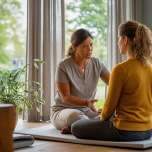 Een rustige coachingssessie tussen een holistisch coach en een cliënt in een sfeervolle ruimte in Zuid-Holland, gericht op welzijn en innerlijke balans.