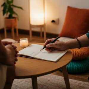  Een gezellige consultsetting in Almere met een holistisch therapeut en cliënt, inclusief een notebook en kalmerende decoratie.