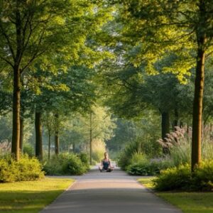 Een rustgevende buitenomgeving in Almere met iemand die mindfulness beoefent, begeleid door een holistisch therapeut.