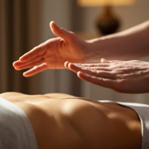 Een close-up van handen tijdens een zachte reiki- of energieheling in Almere, uitgevoerd door een holistisch therapeut.