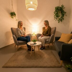 Coach en cliënt tijdens een intakegesprek bij holistisch therapeut in Noord Brabant.
