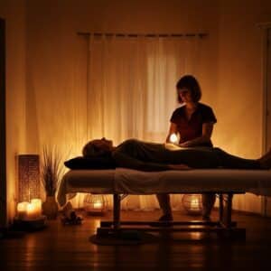 Een holistische healingsessie in Laren, met een therapeut die energiebalans technieken toepast in een rustgevende omgeving.
