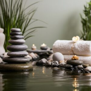 Een visuele weergave van balans tussen lichaam, geest en energie, met natuur geïnspireerde elementen en zachte kleuren.