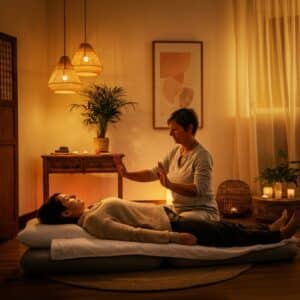 Een holistische therapiesessie in Almere, met een therapeut die energieheling toepast in een rustgevende omgeving.