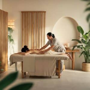 Een serene holistische massagesessie in een rustgevende spa-omgeving, gericht op ontspanning en welzijn.