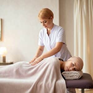 Een zachte massage voor een kankerpatiënt, met een warme en uitnodigende sfeer die zorg en ontspanning benadrukt.