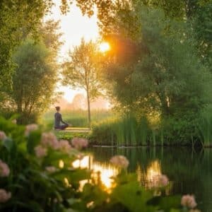  Een persoon die mediteert in een natuurlijke omgeving in Almere, symbool voor balans en energieherstel.