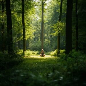 Een persoon die mediteert in een natuurlijke omgeving in Amstelveen, symbool voor balans en energieherstel.