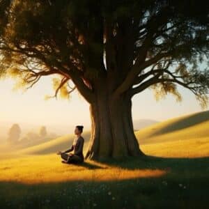 Een persoon die mediteert onder een boom in Laren, symbool voor harmonie en energierestauratie.
