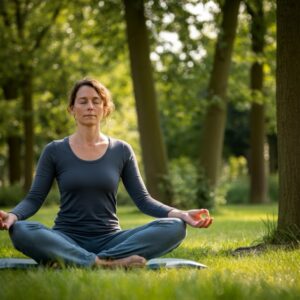 Een rustgevende buitenomgeving in Doorn met iemand die mindfulness beoefent, passend bij EMDR therapie.