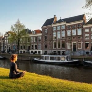 Een rustgevende buitenomgeving in Utrecht met iemand die mindfulness beoefent, passend bij energetische therapie en holistische coaching.