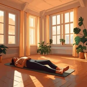 : Persoon liggend op een yogamat in een zonovergoten kamer, symbool voor ontspanning en healing tijdens therapie.